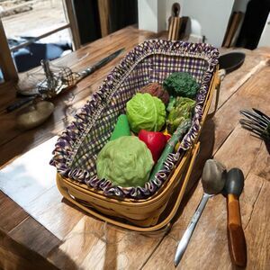 1999 LONGABERGER Large Vegetable Basket W Handles  Purp Fabric & Plastic Liner